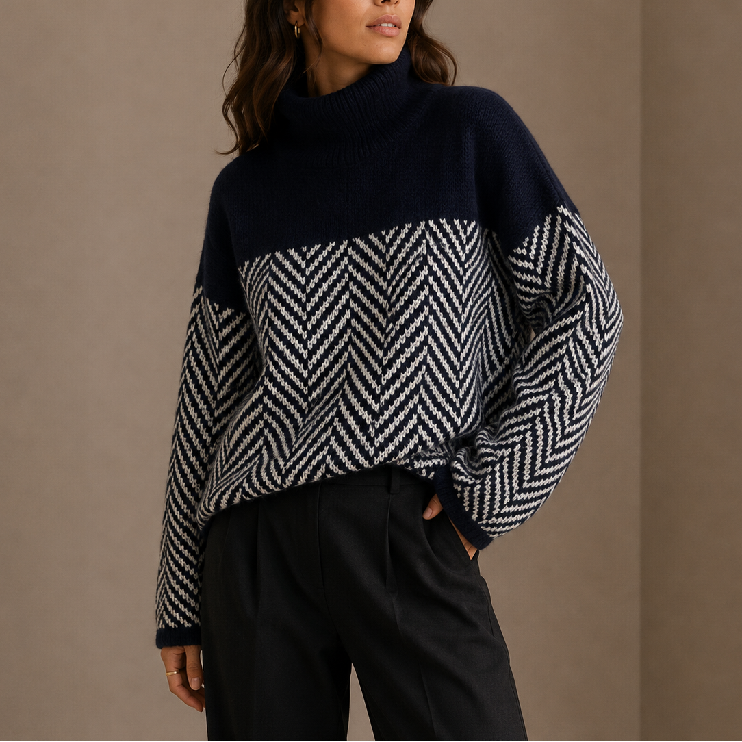 Women's Herringbone Turtleneck Sweater – Oversized Winter Knit Jumper