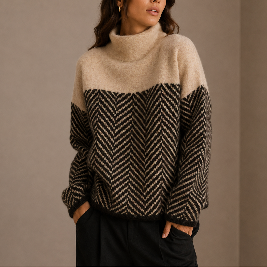 Women's Herringbone Turtleneck Sweater – Oversized Winter Knit Jumper