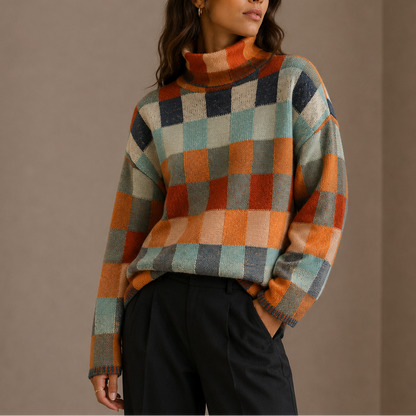 Women's Checkered Turtleneck Sweater – Oversized Winter Knit Jumper