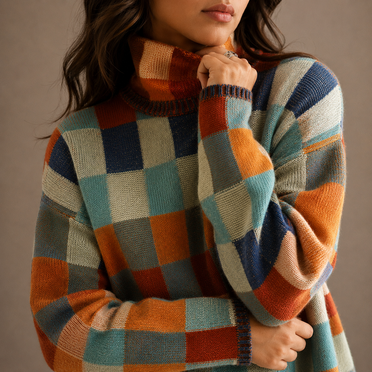Women's Checkered Turtleneck Sweater – Oversized Winter Knit Jumper