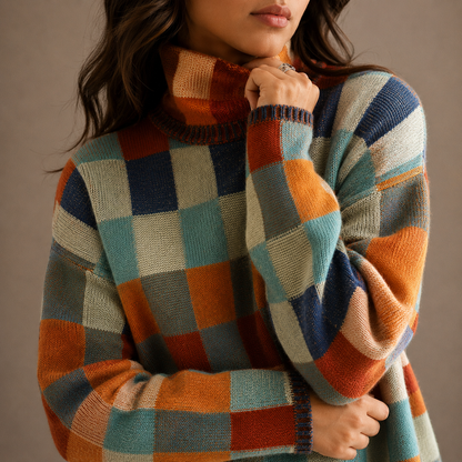 Women's Checkered Turtleneck Sweater – Oversized Winter Knit Jumper