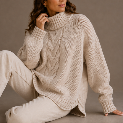 Women's Cable Knit Turtleneck Sweater – Oversized Winter Jumper