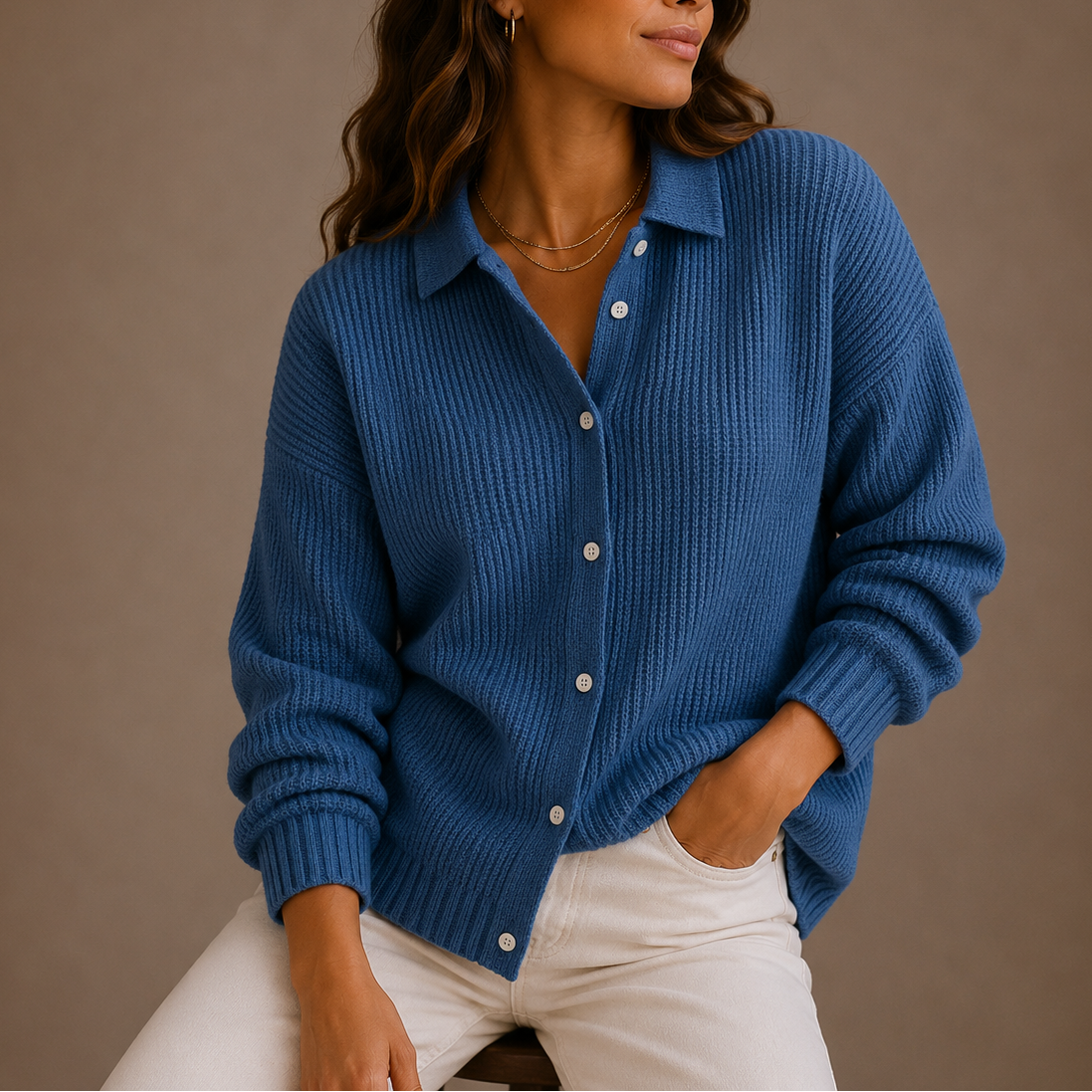 Women's Knit Cardigan – Collared Button-Up Relaxed Fit