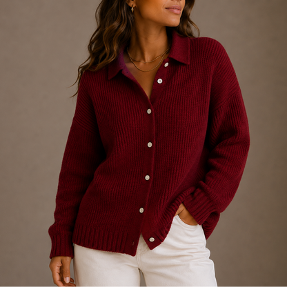 Women's Knit Cardigan – Collared Button-Up Relaxed Fit