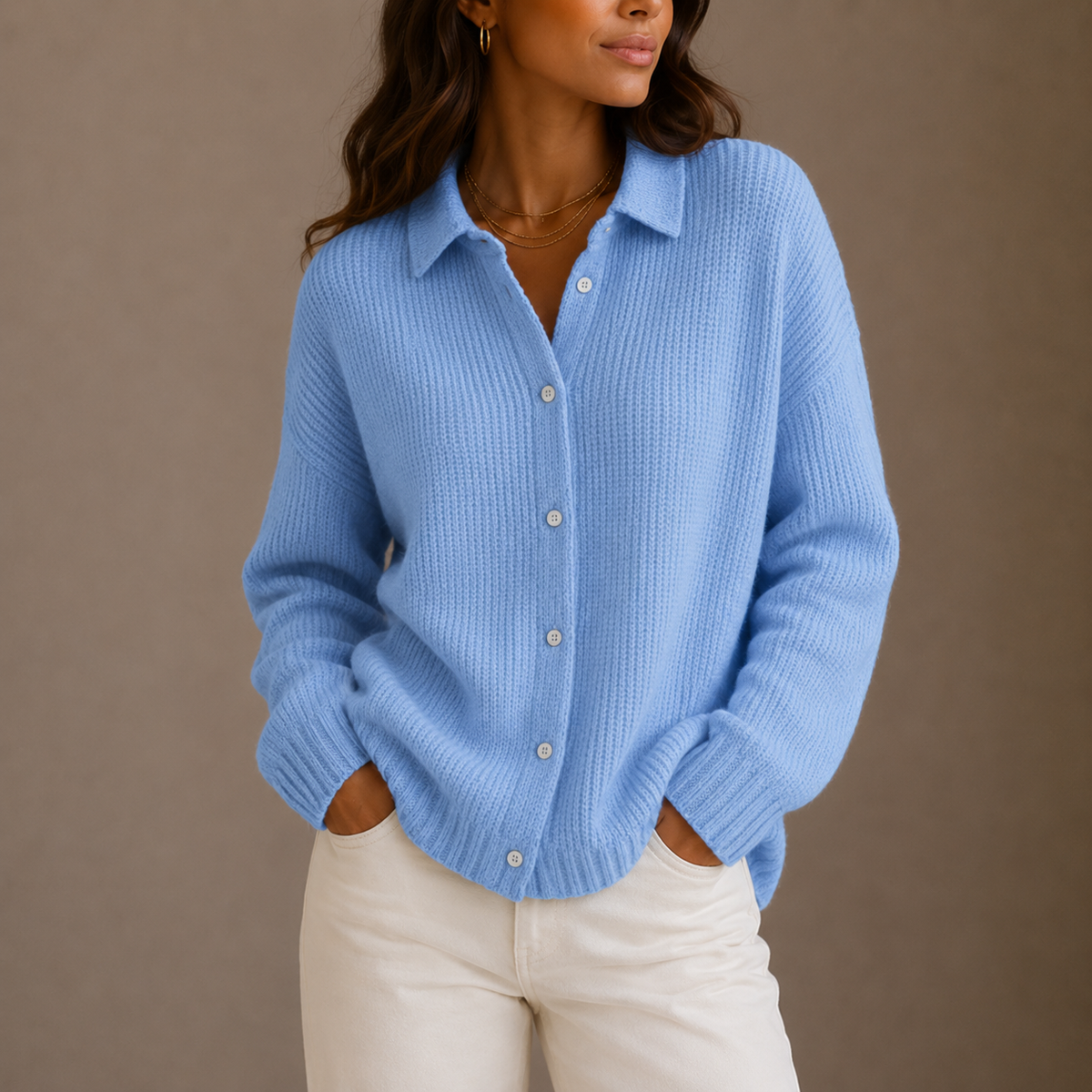 Women's Knit Cardigan – Collared Button-Up Relaxed Fit