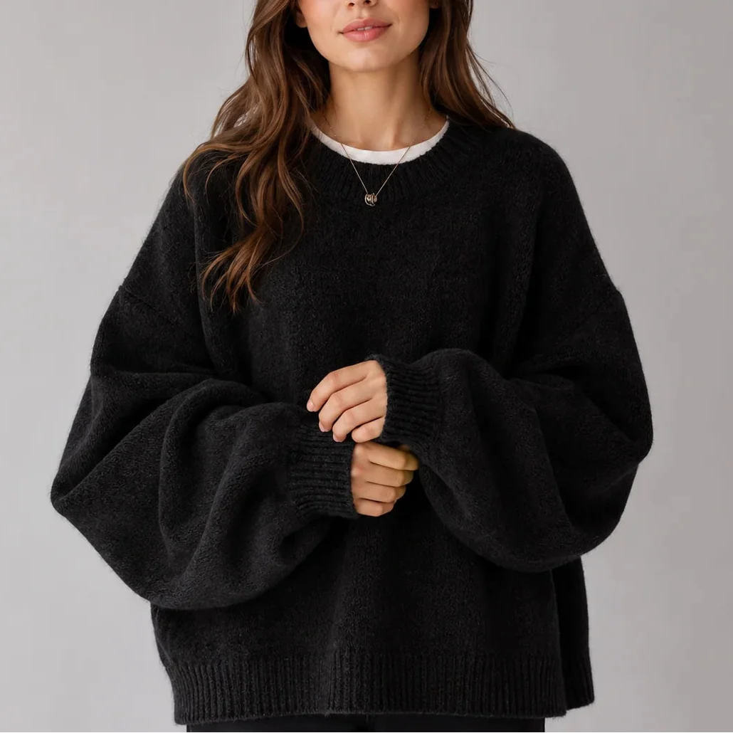 Women's Oversized Knit Jumper – Crew Neck Sweater with Balloon Sleeves