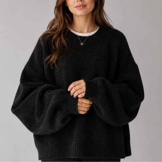 Women's Oversized Knit Jumper – Crew Neck Sweater with Balloon Sleeves