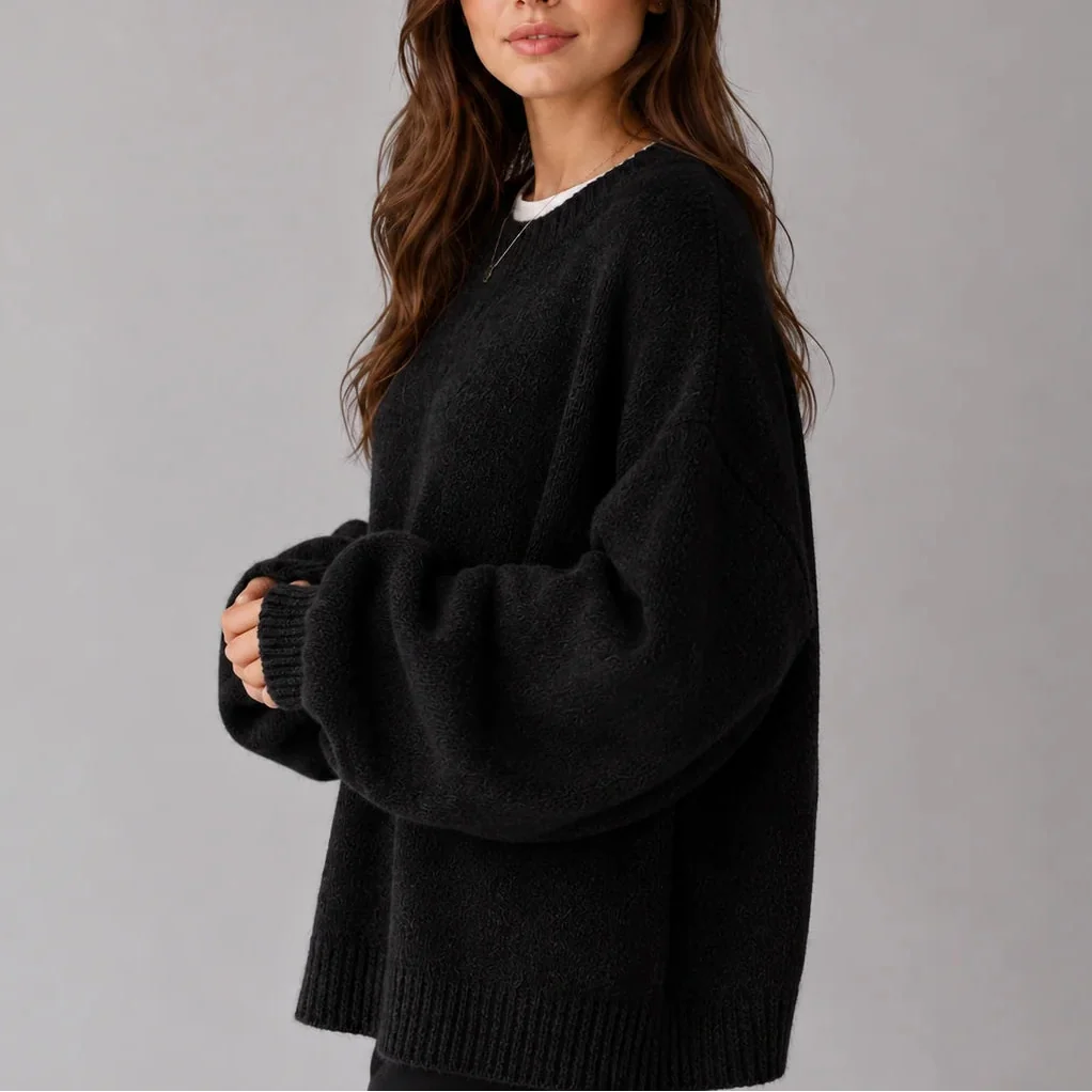 Women's Oversized Knit Jumper – Crew Neck Sweater with Balloon Sleeves