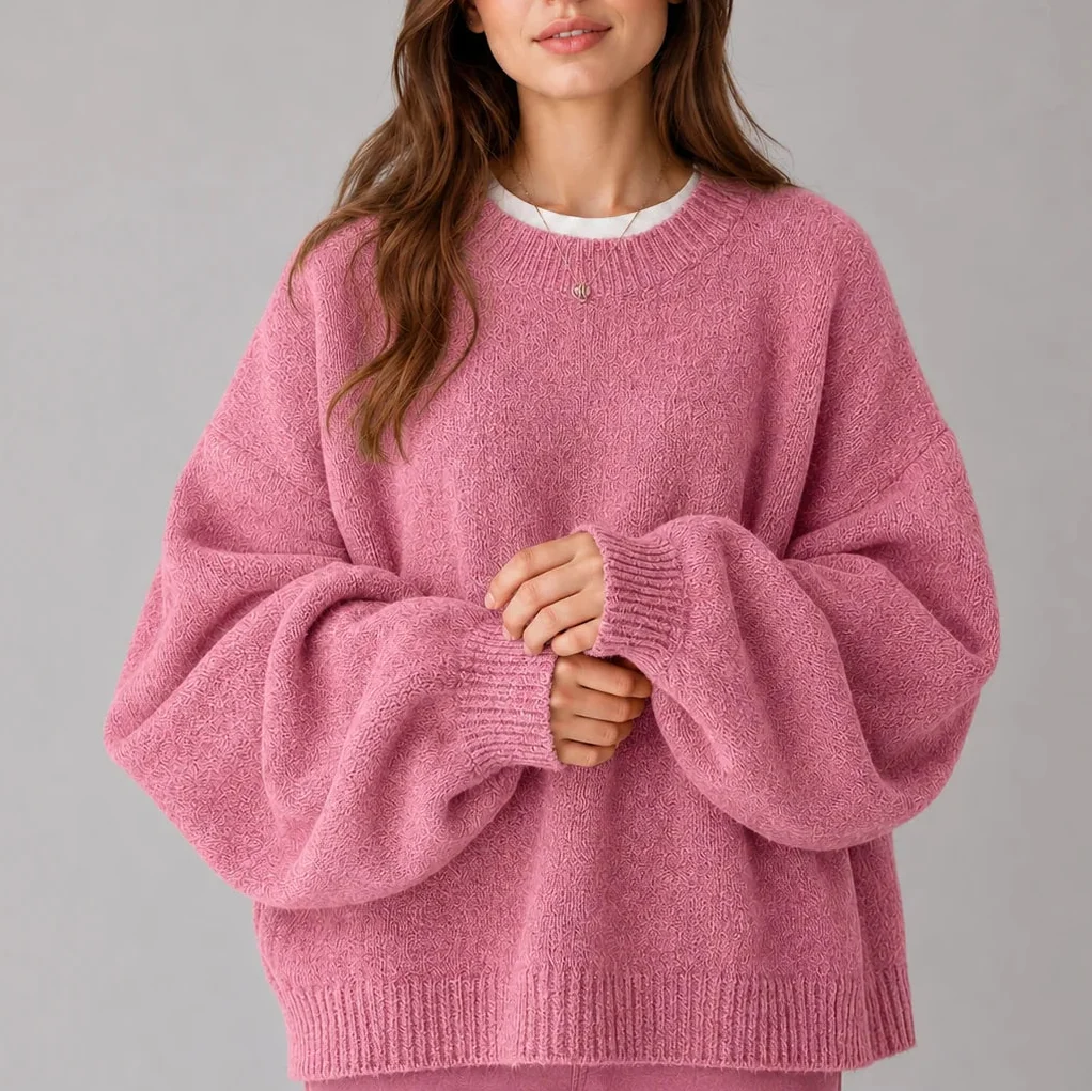 Women's Oversized Knit Jumper – Crew Neck Sweater with Balloon Sleeves
