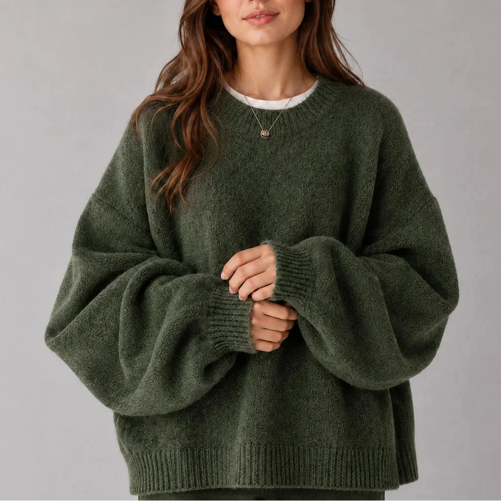 Women's Oversized Knit Jumper – Crew Neck Sweater with Balloon Sleeves