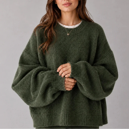 Women's Oversized Knit Jumper – Crew Neck Sweater with Balloon Sleeves