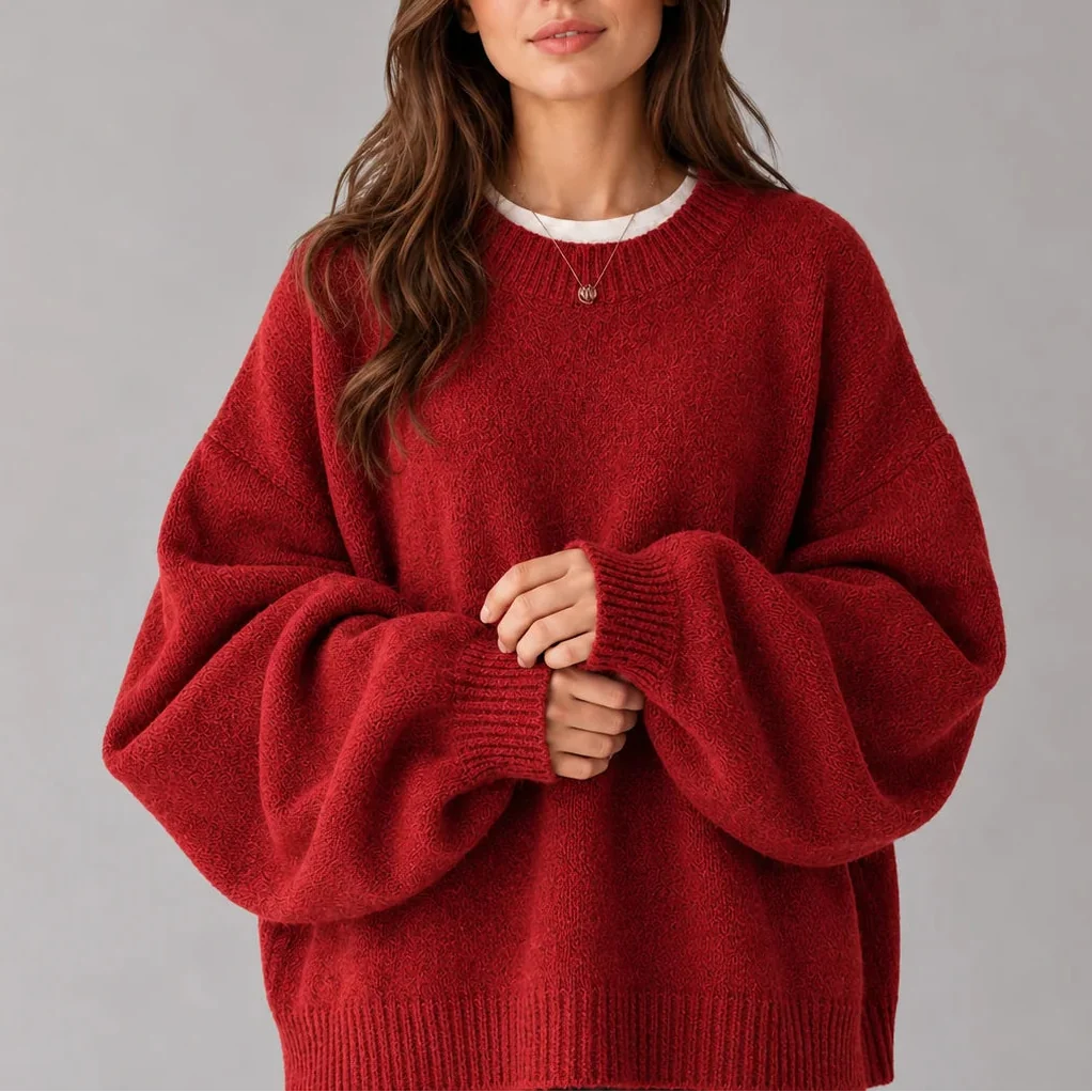 Women's Oversized Knit Jumper – Crew Neck Sweater with Balloon Sleeves