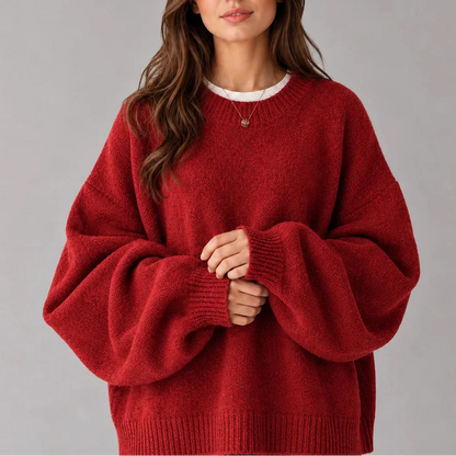 Women's Oversized Knit Jumper – Crew Neck Sweater with Balloon Sleeves