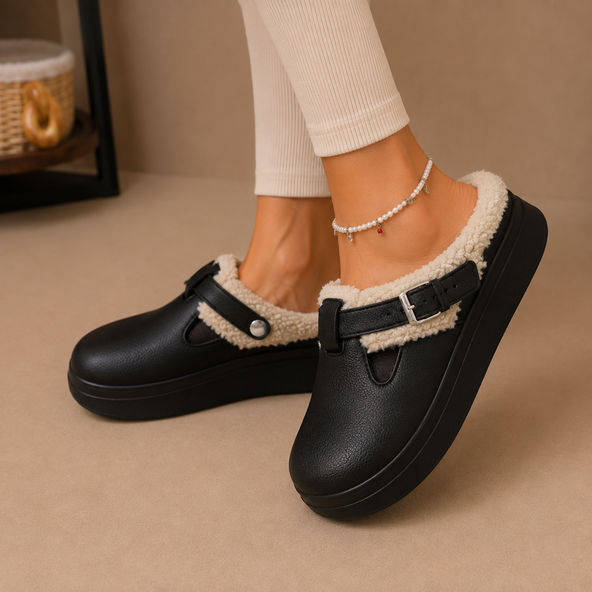 Women's Fleece Lined Slippers – Cushioned Buckle Slip-On Shoes