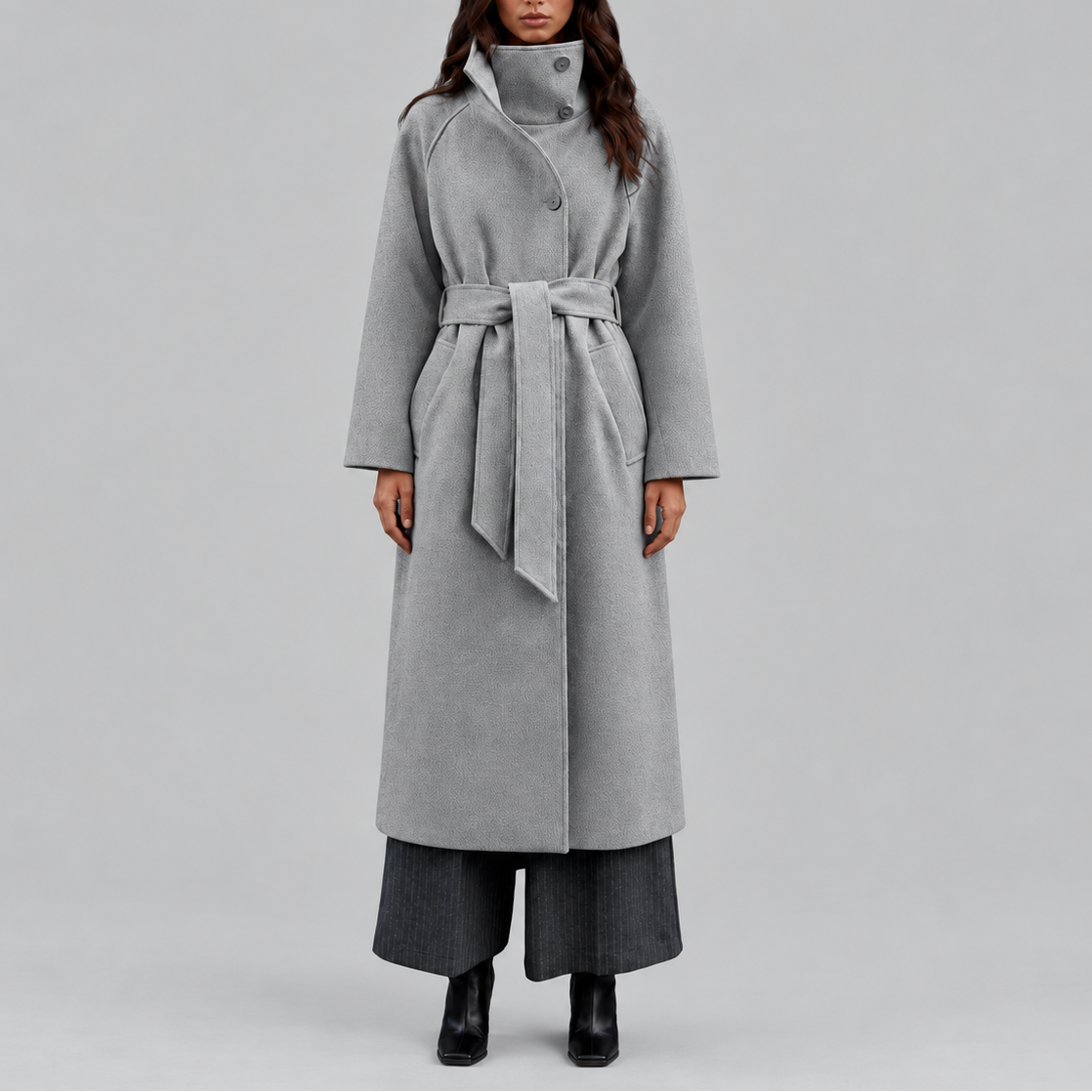 Women's Long Coat | Belted Winter Wrap Coat with Wide Collar