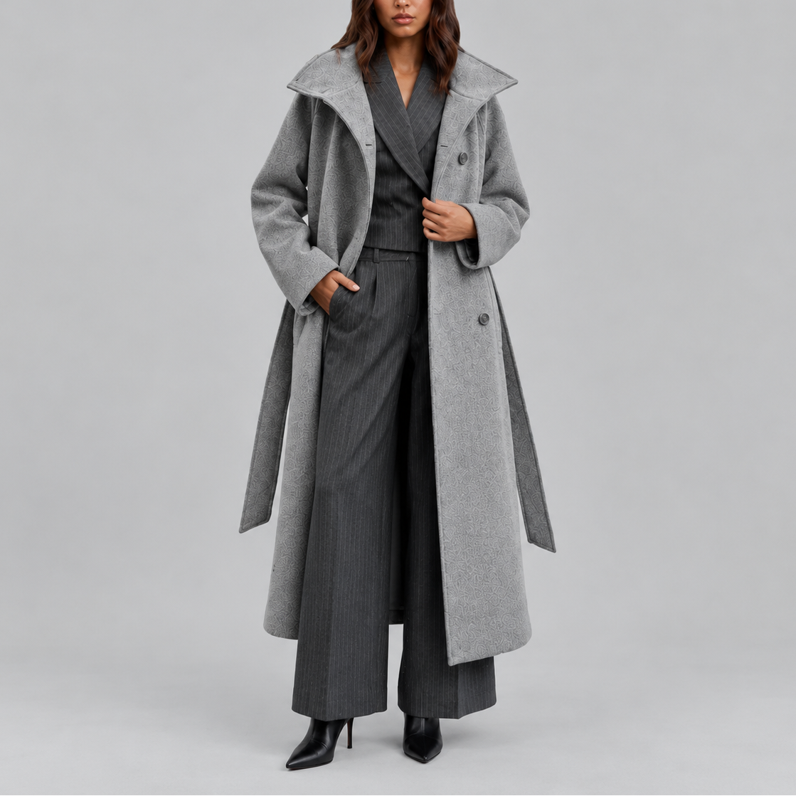 Women's Long Coat | Belted Winter Wrap Coat with Wide Collar