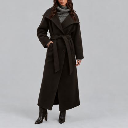 Women's Long Coat | Belted Winter Wrap Coat with Wide Collar
