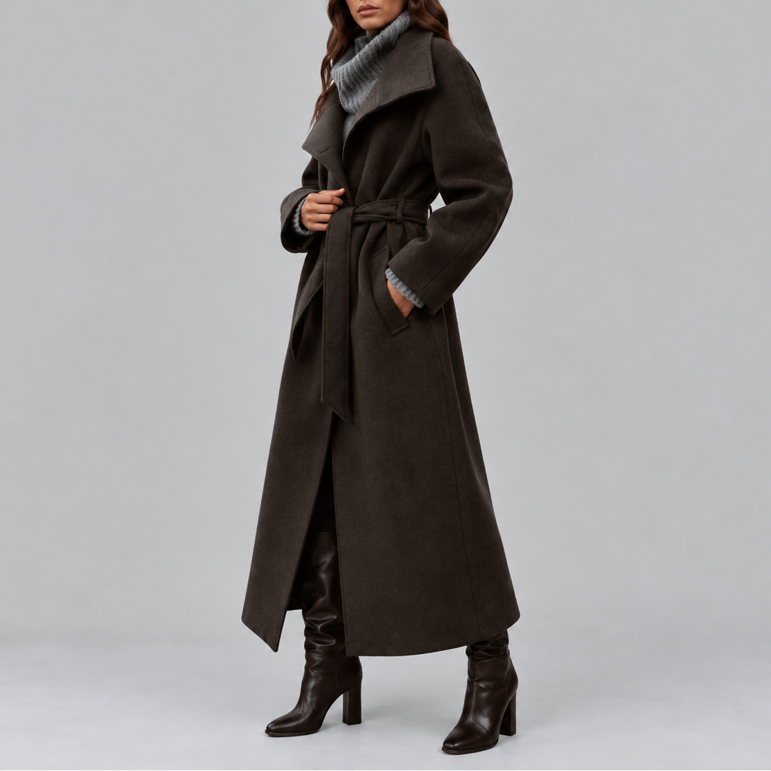 Women's Long Coat | Belted Winter Wrap Coat with Wide Collar