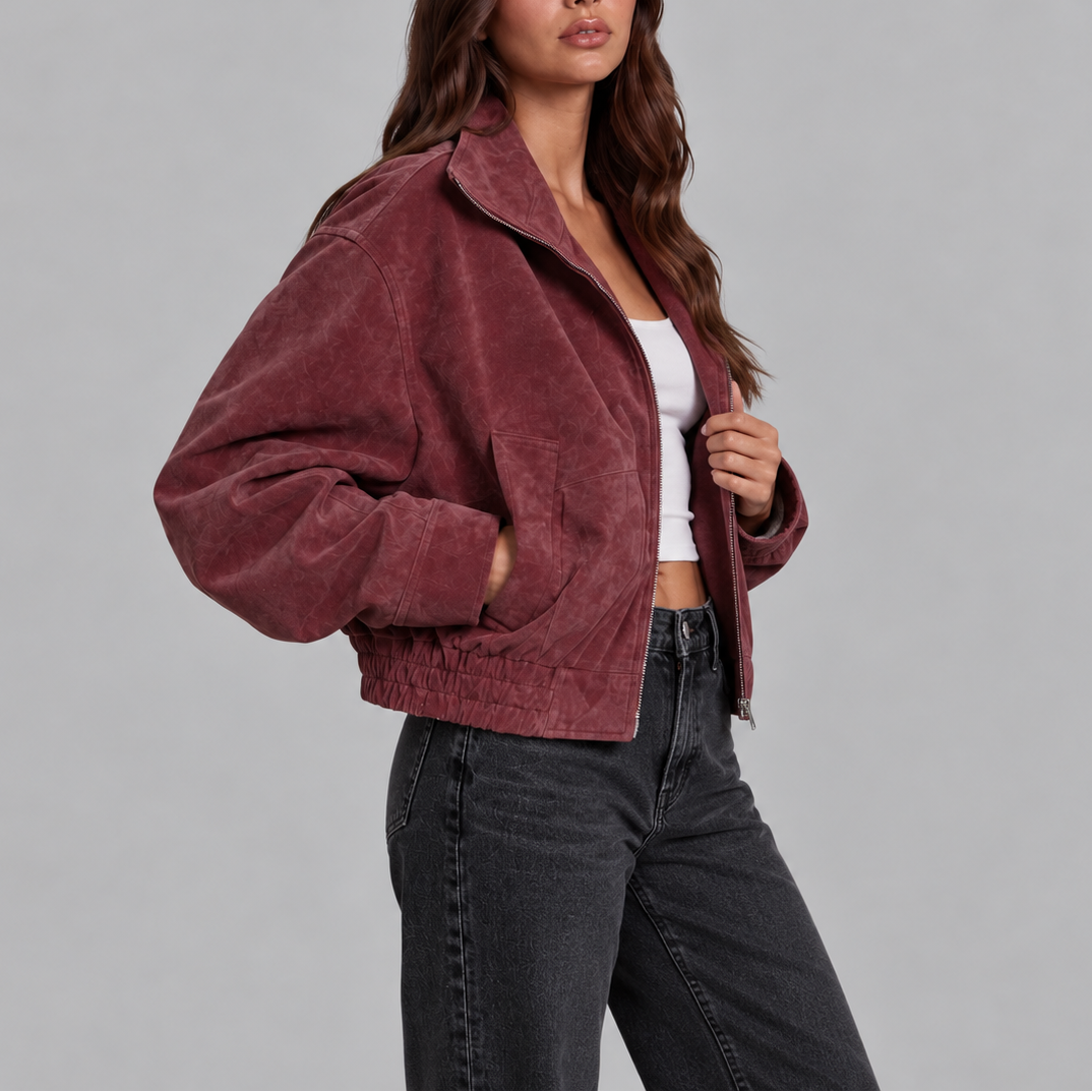 Women's Oversized Suede Bomber Jacket | Zip Up Vintage Jacket