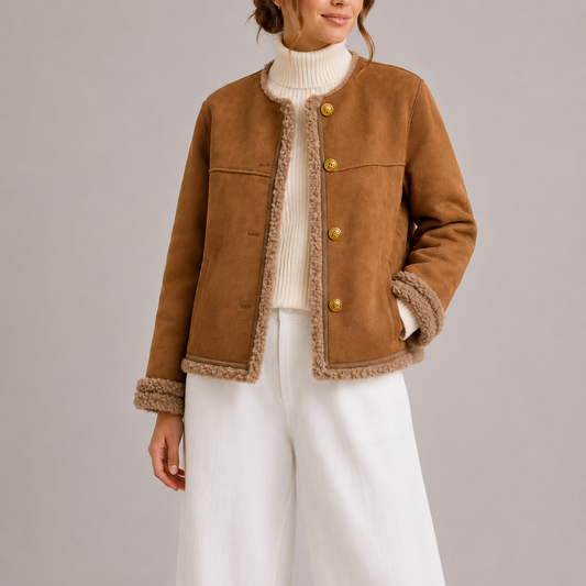 Women's Faux Suede Autumn Jacket with Shearling Trim