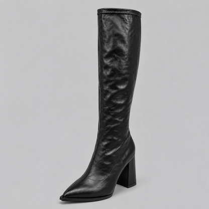 Women's Pointed Toe Knee-High Boots with Chunky Block Heel