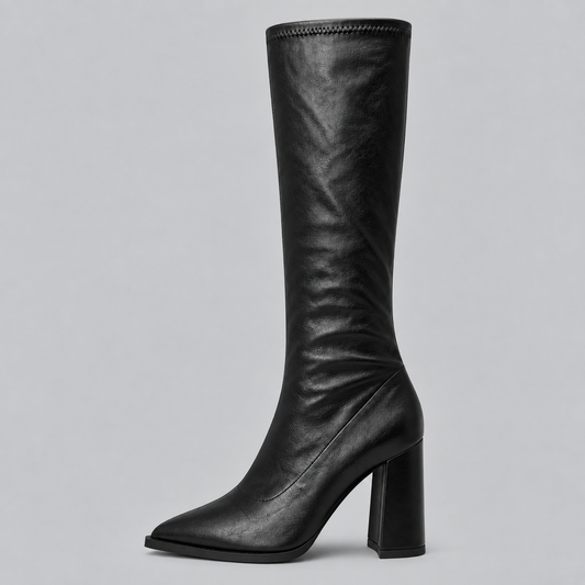 Women's Pointed Toe Knee-High Boots with Chunky Block Heel
