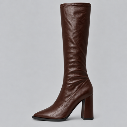 Women's Pointed Toe Knee-High Boots with Chunky Block Heel