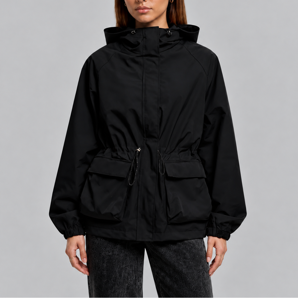 Women's Waterproof Hooded Jacket with Adjustable Drawstring Waist