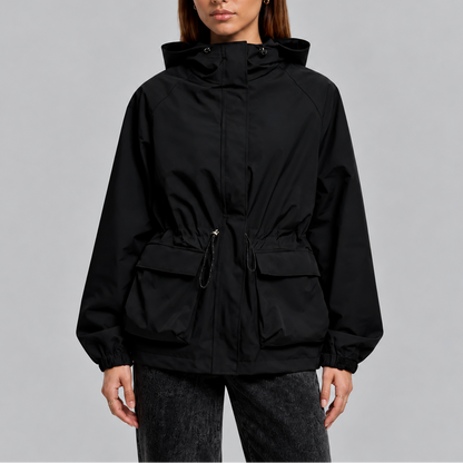 Women's Waterproof Hooded Jacket with Adjustable Drawstring Waist