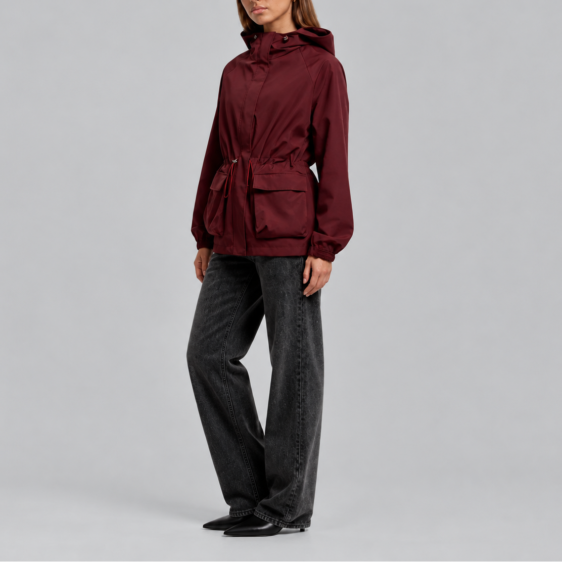 Women's Waterproof Hooded Jacket with Adjustable Drawstring Waist