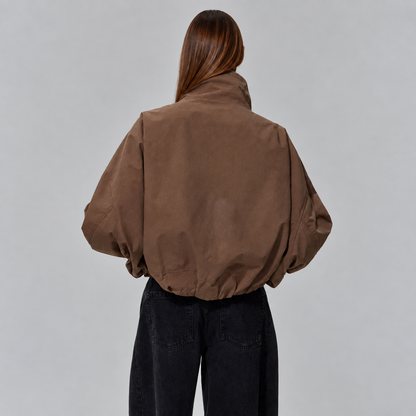 Women's Cropped Bomber Jacket with High Neck and Oversized Fit