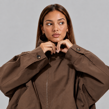 Women's Cropped Bomber Jacket with High Neck and Oversized Fit