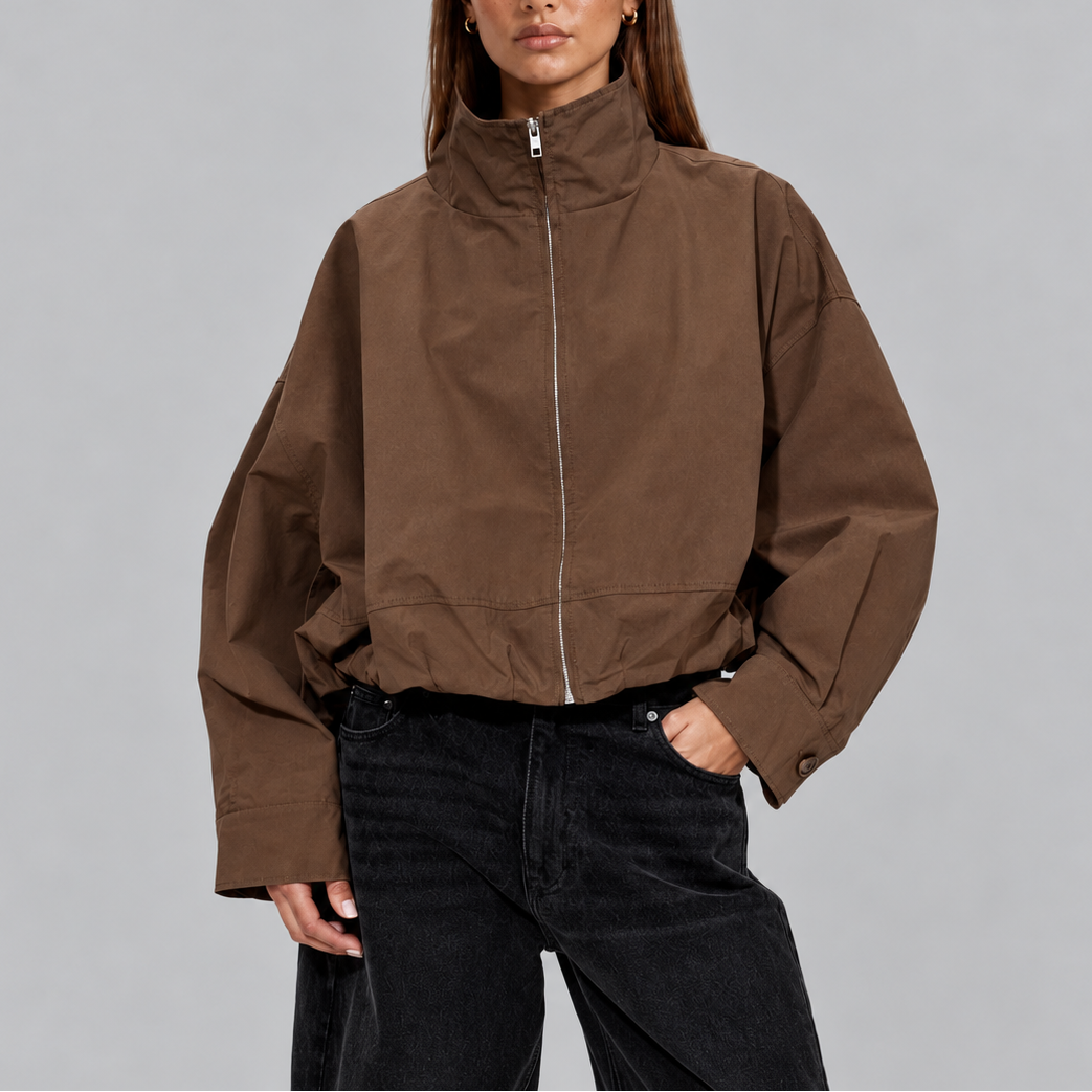 Women's Cropped Bomber Jacket with High Neck and Oversized Fit