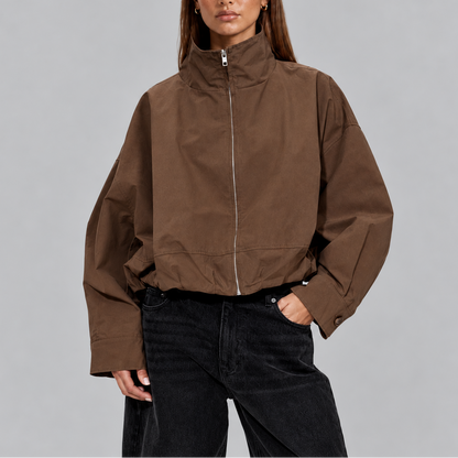 Women's Cropped Bomber Jacket with High Neck and Oversized Fit