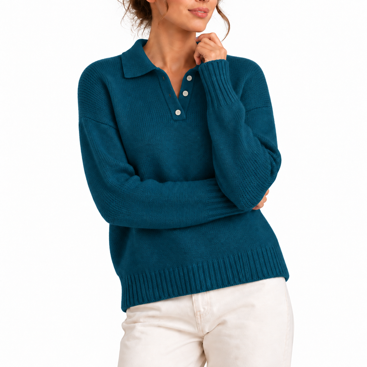 Women's Knit Collar Polo Sweater with Button Placket