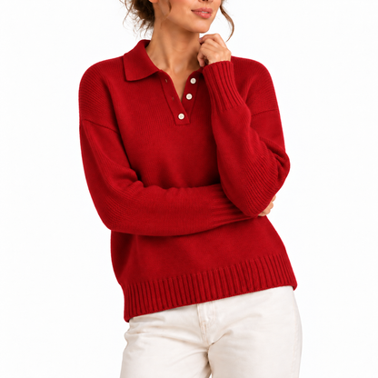 Women's Knit Collar Polo Sweater with Button Placket