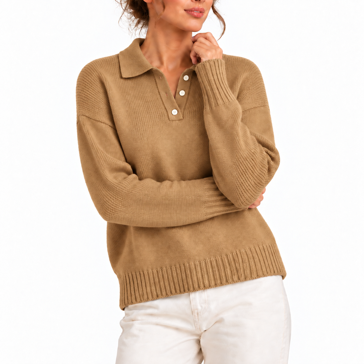 Women's Knit Collar Polo Sweater with Button Placket