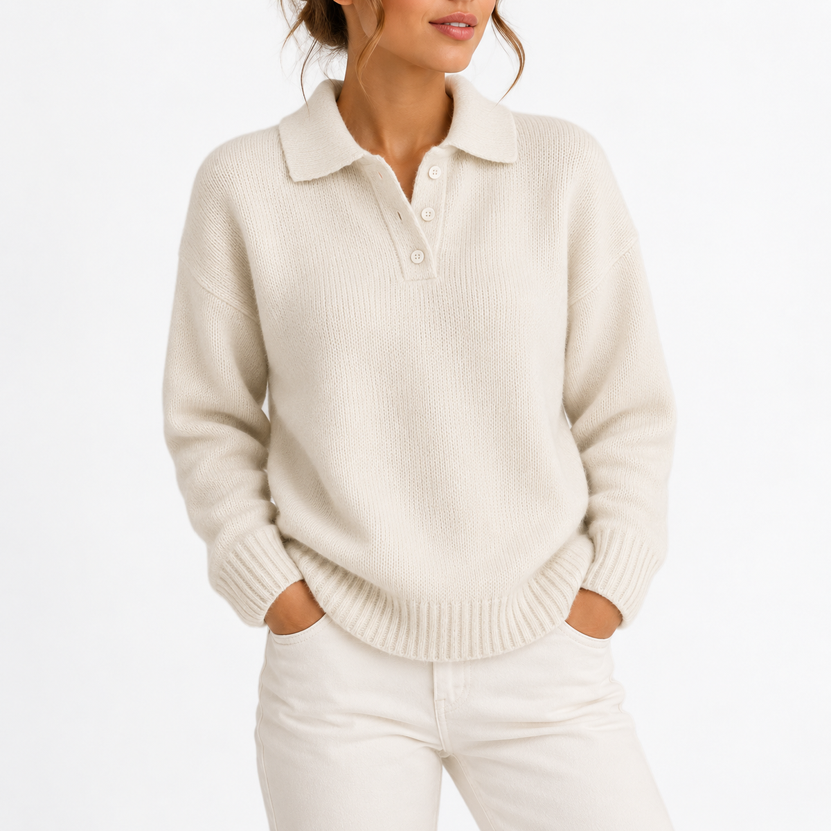 Women's Knit Collar Polo Sweater with Button Placket
