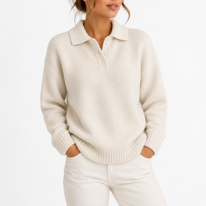Women's Knit Collar Polo Sweater with Button Placket