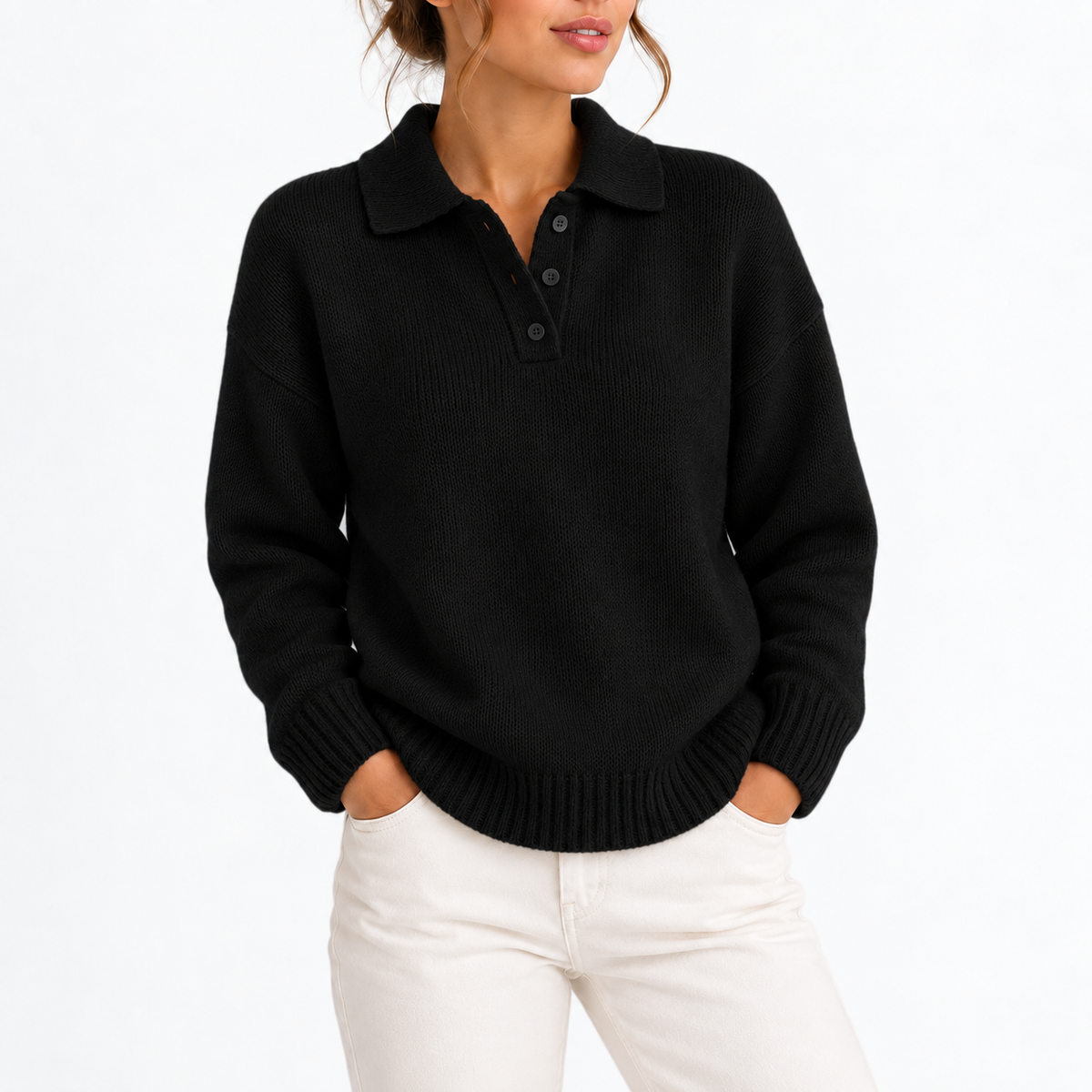 Women's Knit Collar Polo Sweater with Button Placket