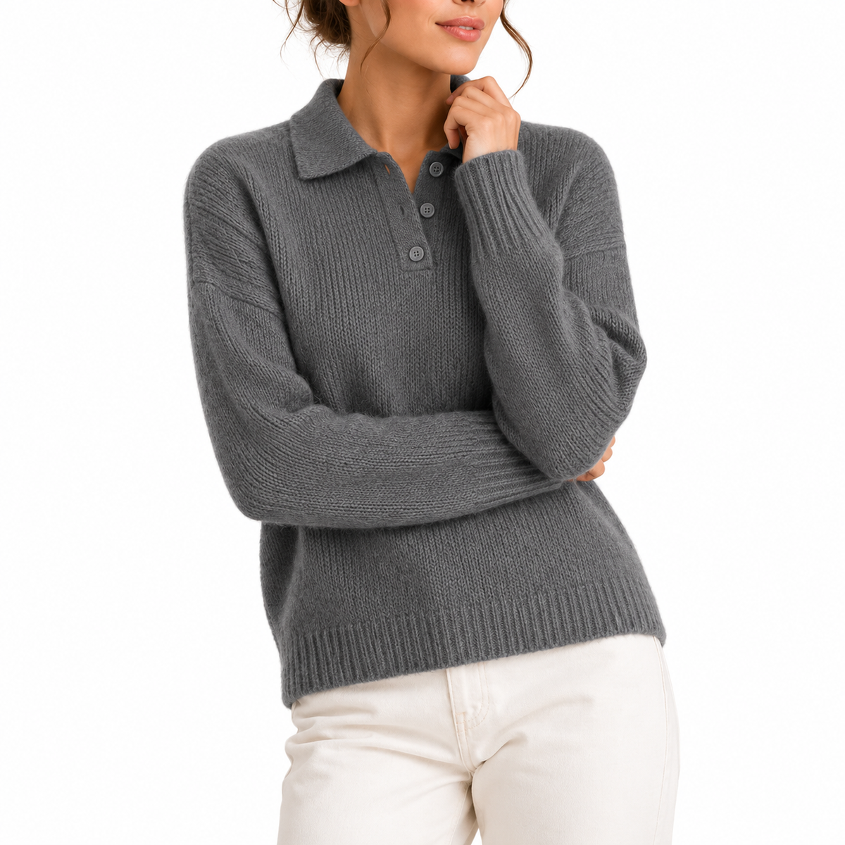 Women's Knit Collar Polo Sweater with Button Placket