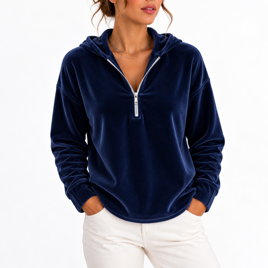 Women's Velvet Quarter-Zip Hoodie with Long Sleeves