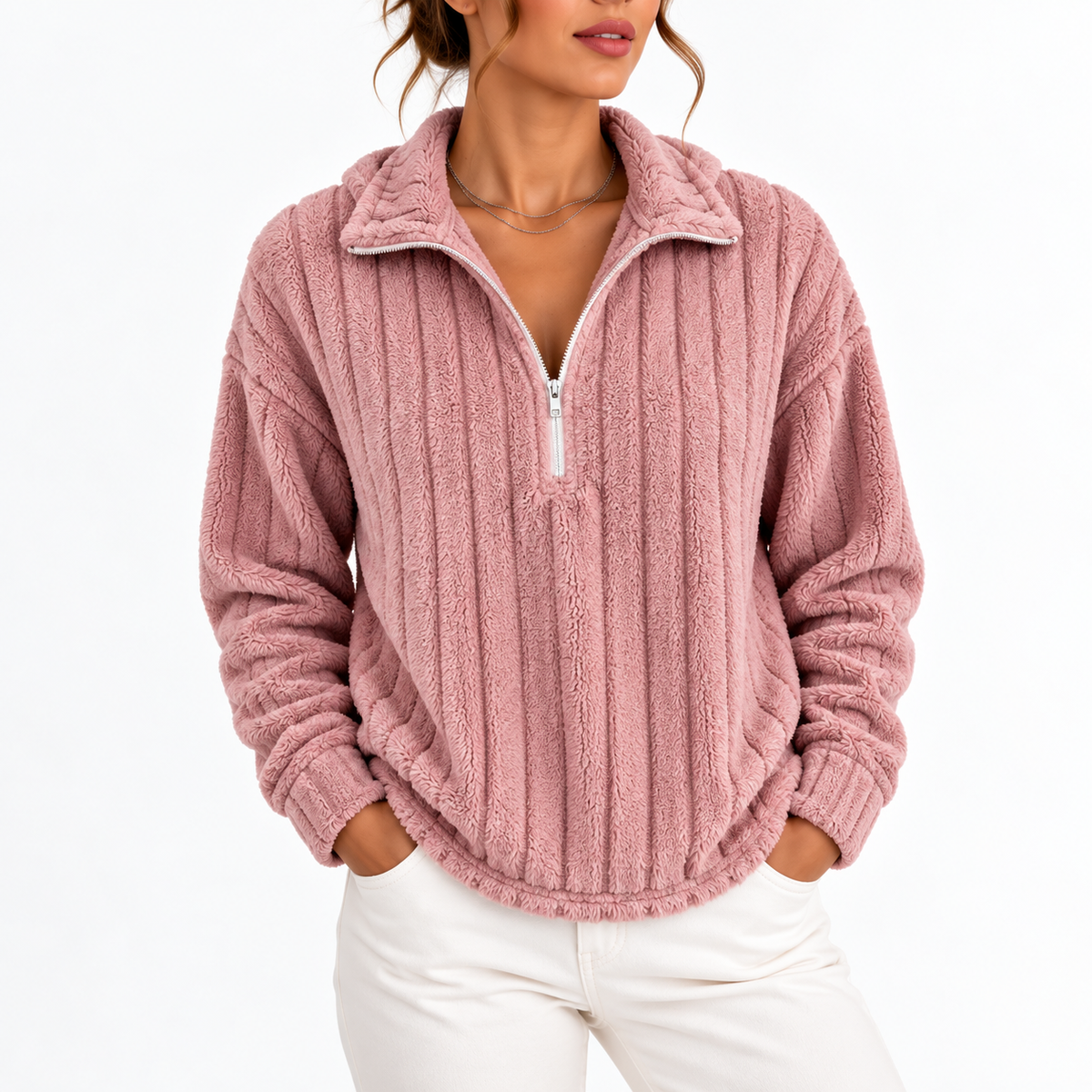 Women's Ribbed Half-Zip Fleece Sweatshirt