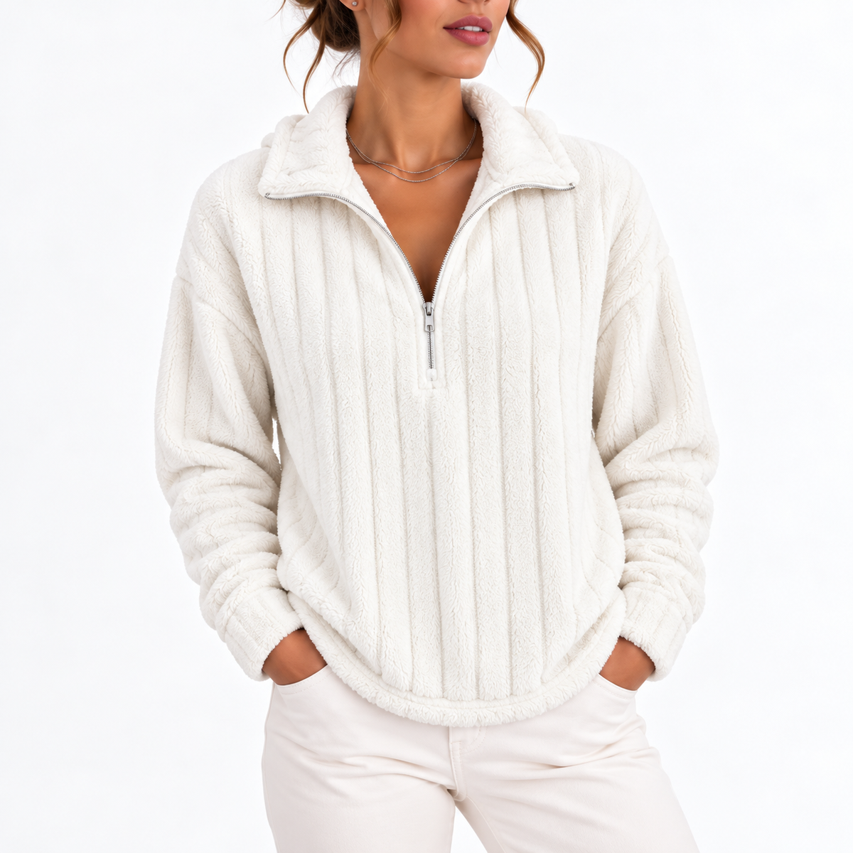 Women's Ribbed Half-Zip Fleece Sweatshirt