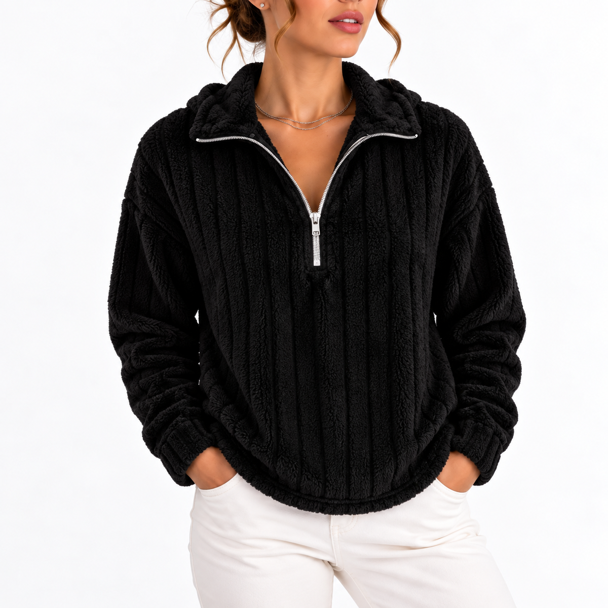 Women's Ribbed Half-Zip Fleece Sweatshirt