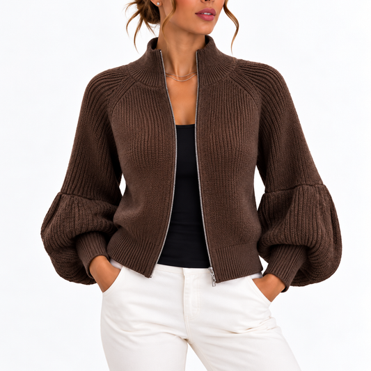 Women's Cropped Knit Cardigan with Puff Sleeves and High Collar