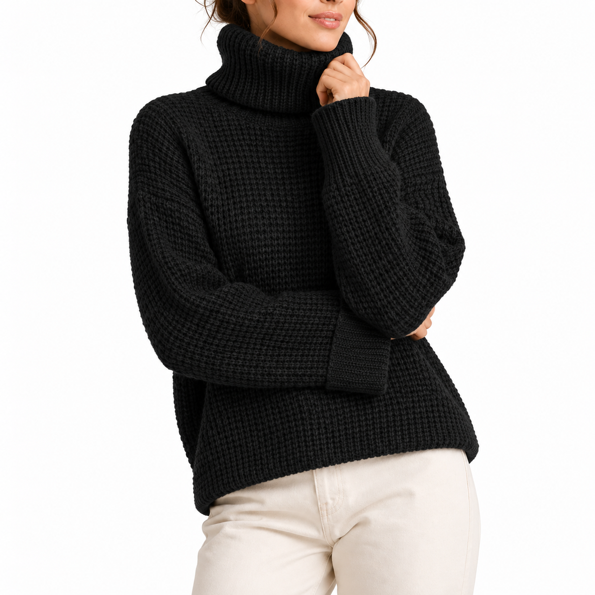 Women's Oversized Turtleneck Sweater with Waffle Knit Texture