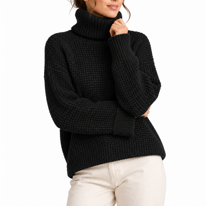 Women's Oversized Turtleneck Sweater with Waffle Knit Texture