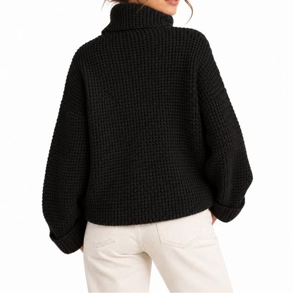 Women's Oversized Turtleneck Sweater with Waffle Knit Texture