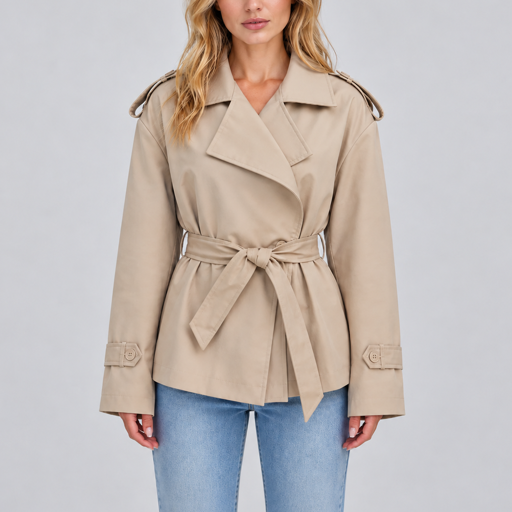 Women's Short Double-Breasted Trench Coat with Belt